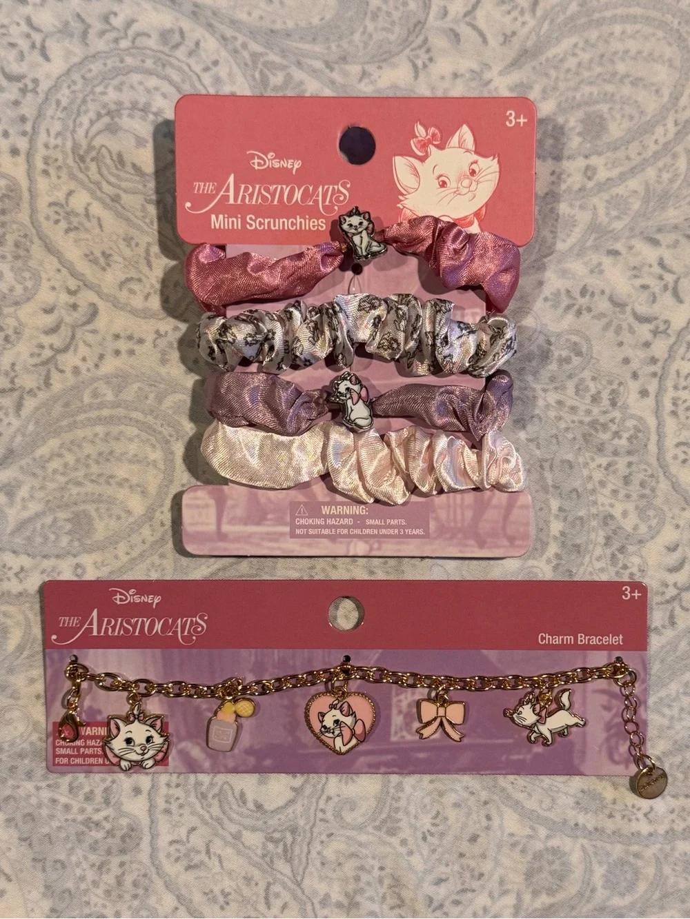 Disney The Aristocats Pink Lavender Mini Scrunchies and Gold tone Charm Braclet